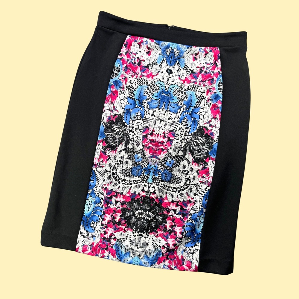 Nicole Miller Panel Pencil Skirt Women L Black Blue Floral Lace Print Scuba Knit